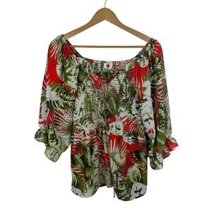 Womens Tropical Leaf Smocked‎ Blouse Size 2X Multicolor Off Shoulder Lightweight